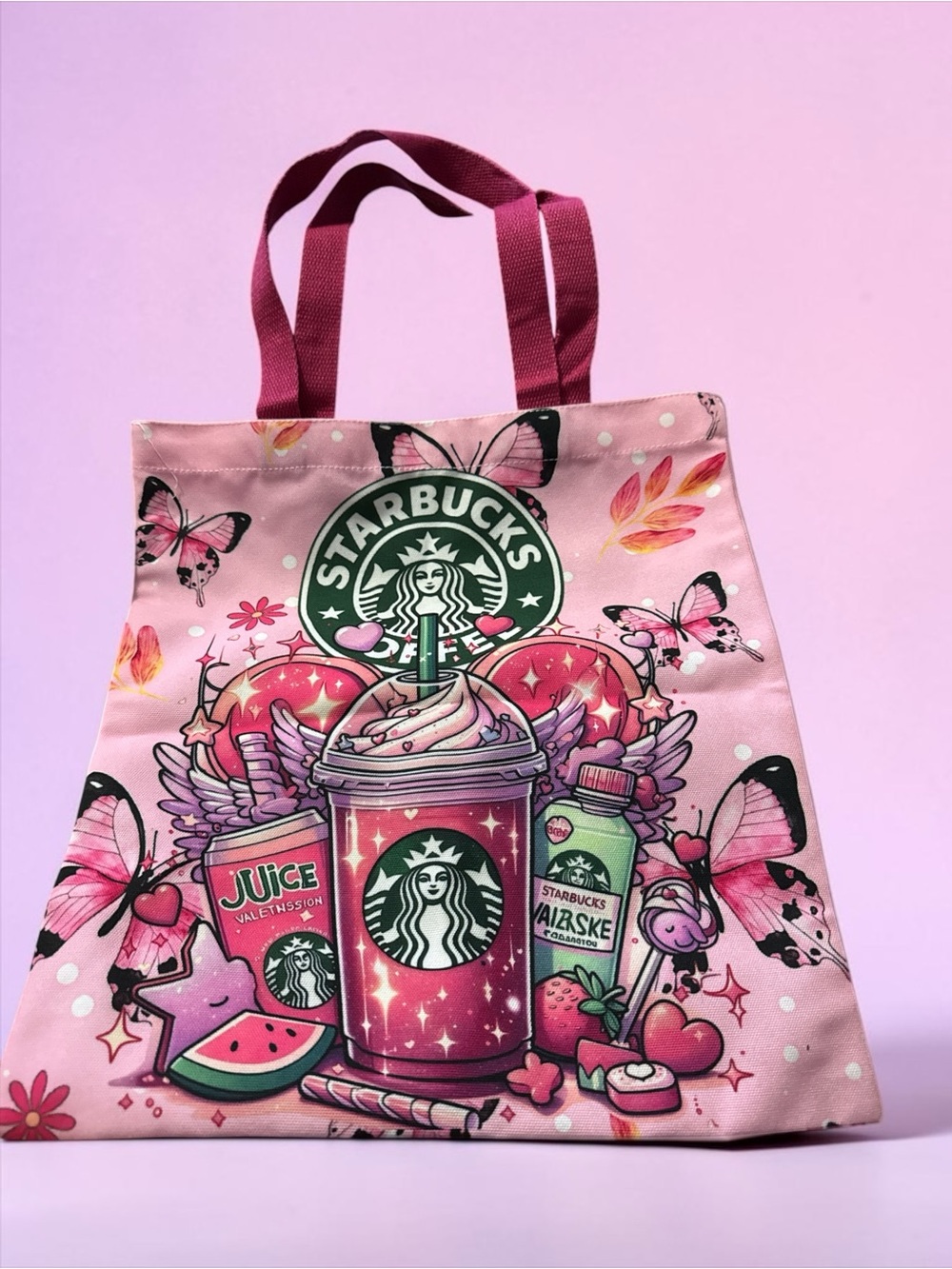 SB Pink Graphic Tote Bag - Cute Butterfly & Drink Print